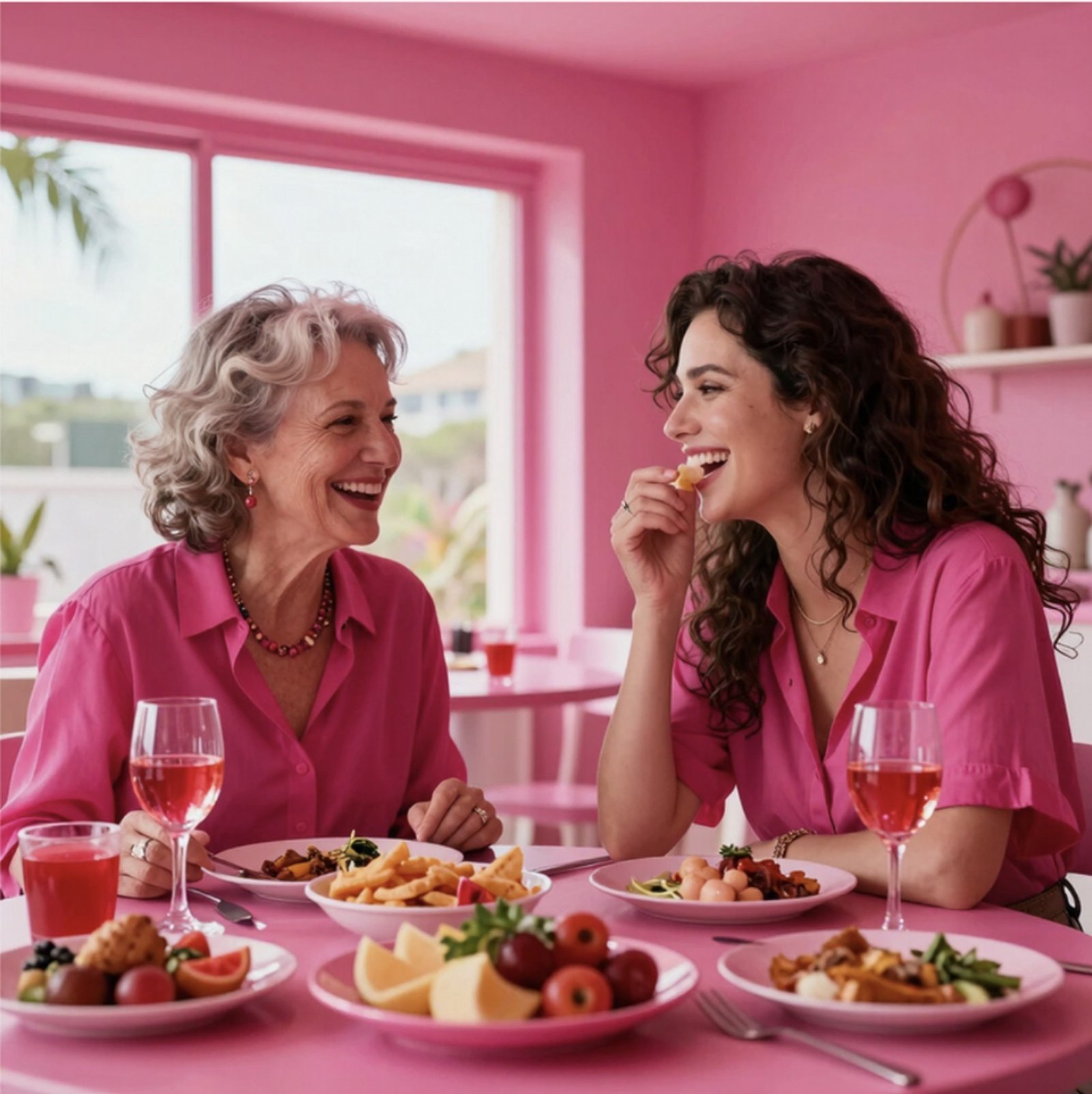 Two women in pink at a kitchen table over a long lunch, delighted with each other