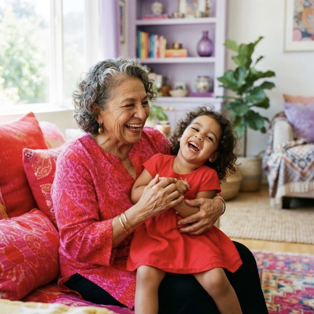 A woman with silver hair holding a laughing child on her lap in a warm living room