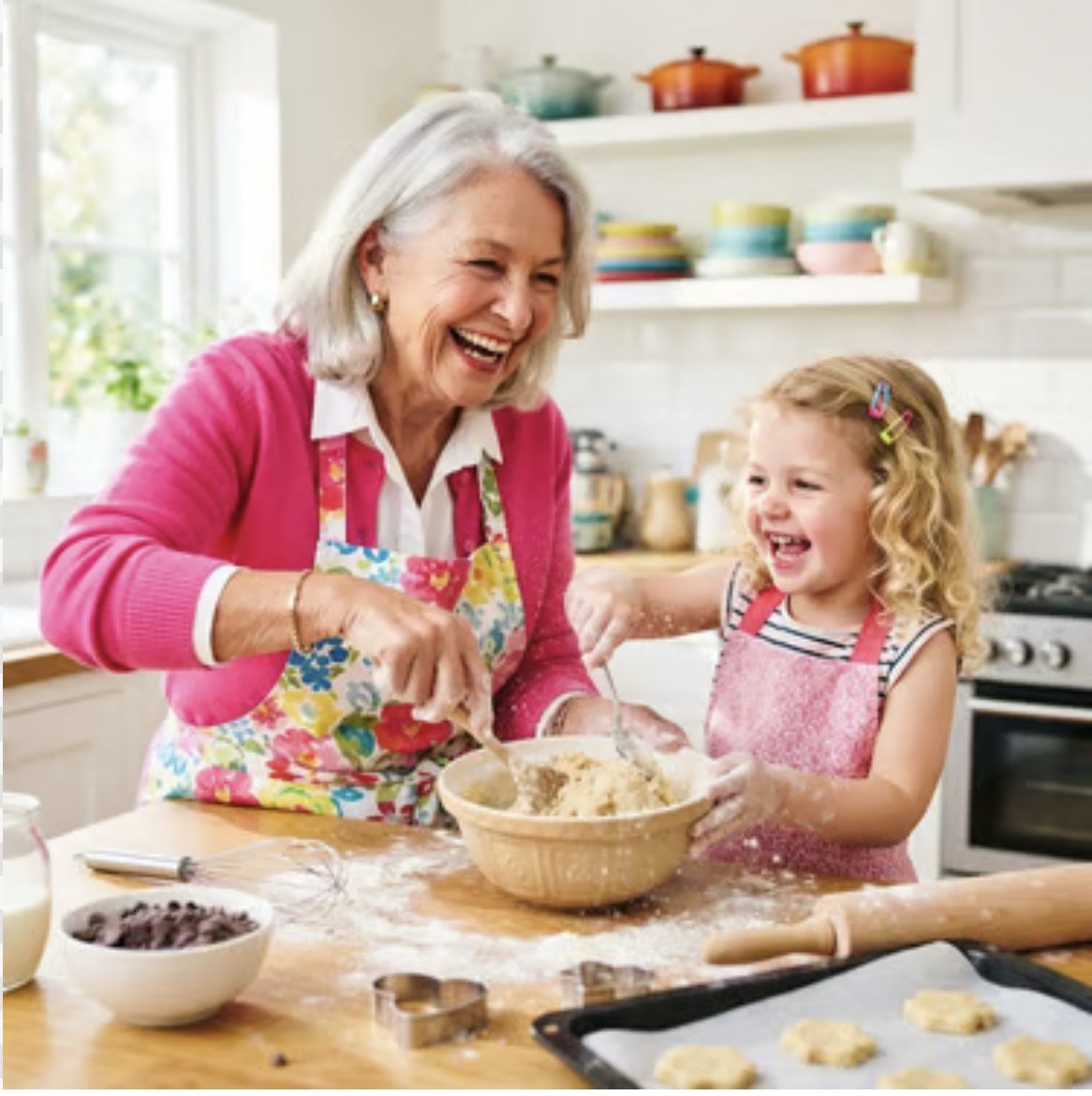 A MIMA and a small girl baking together, both covered in flour