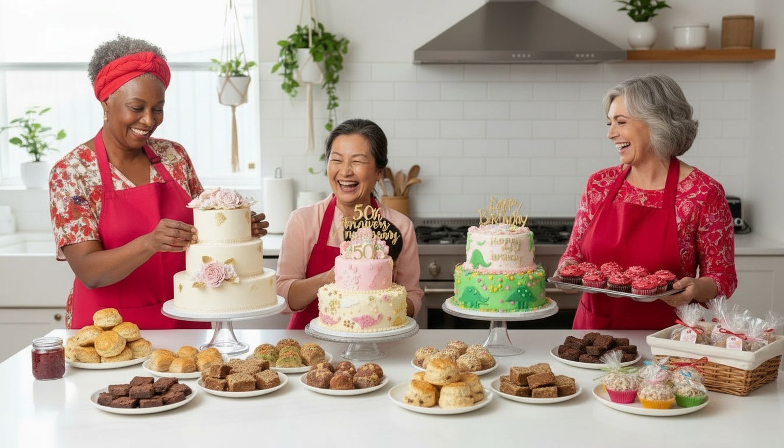 Three women in aprons behind a long table of cakes and slices, laughing together