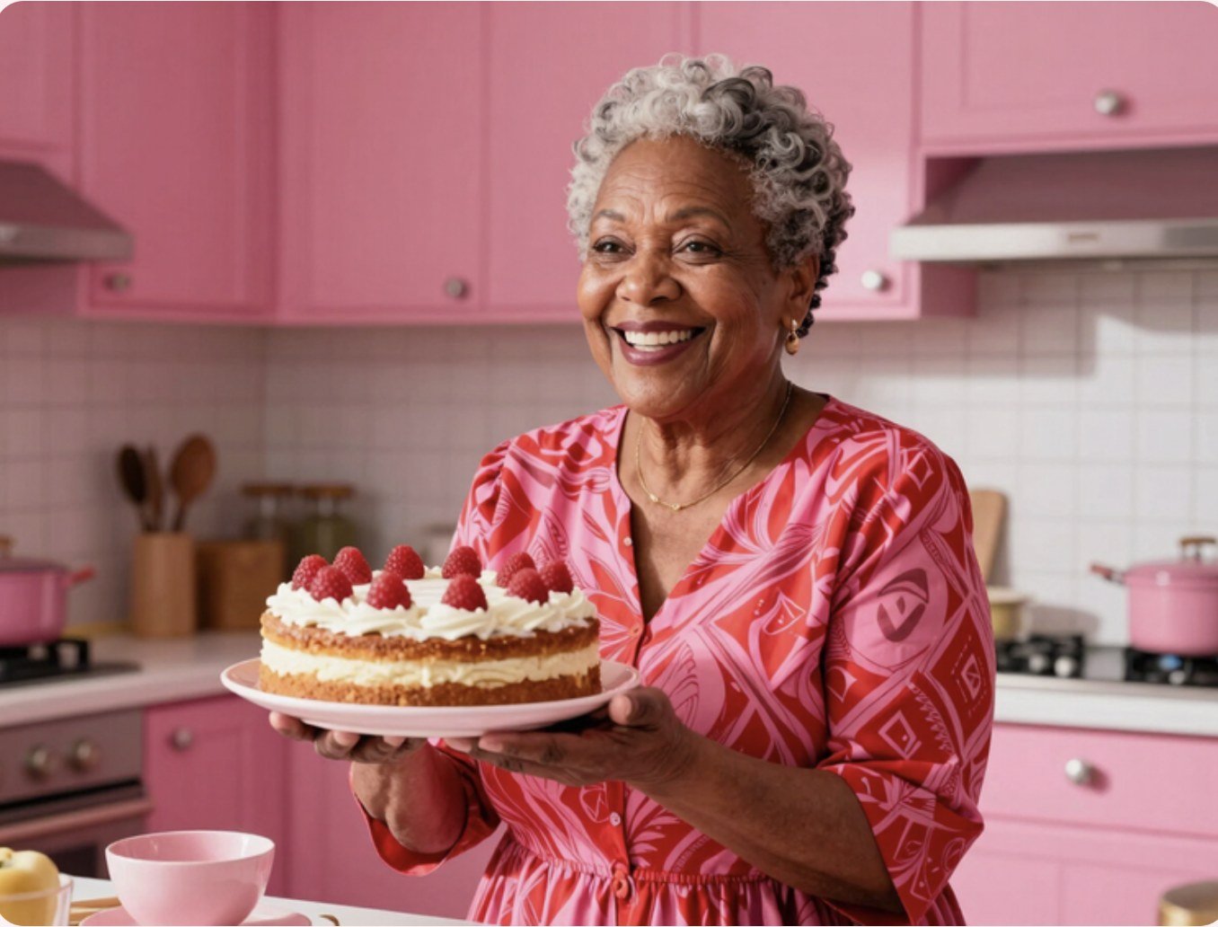 A woman in a pink kitchen holding up a layer cake, delighted with it