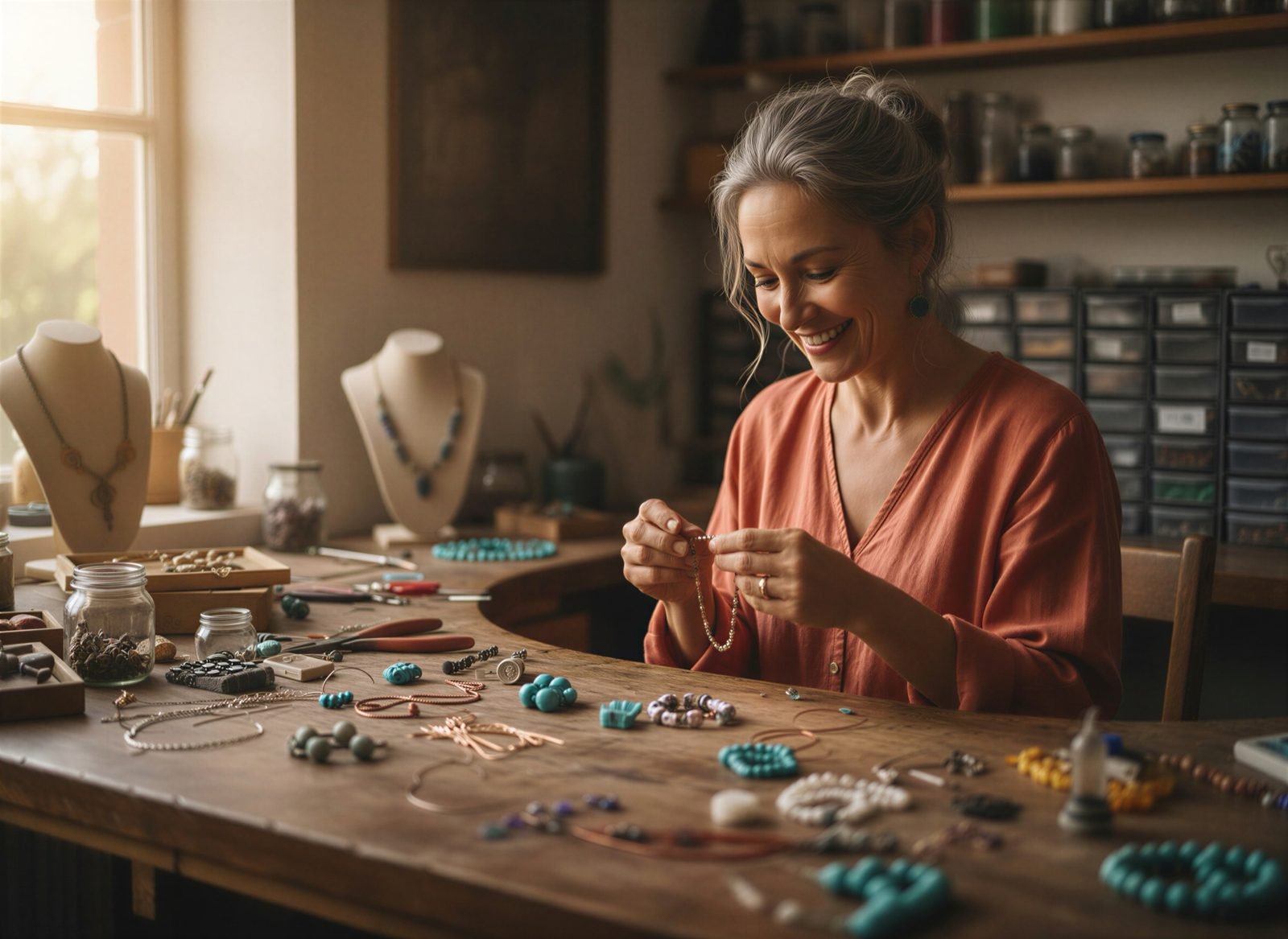 A woman with silver hair smiling as she threads beads at her jewellery bench