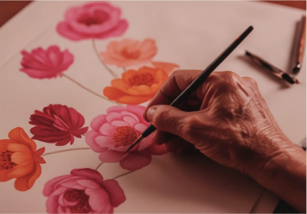A hand painting pink and coral flowers in watercolour