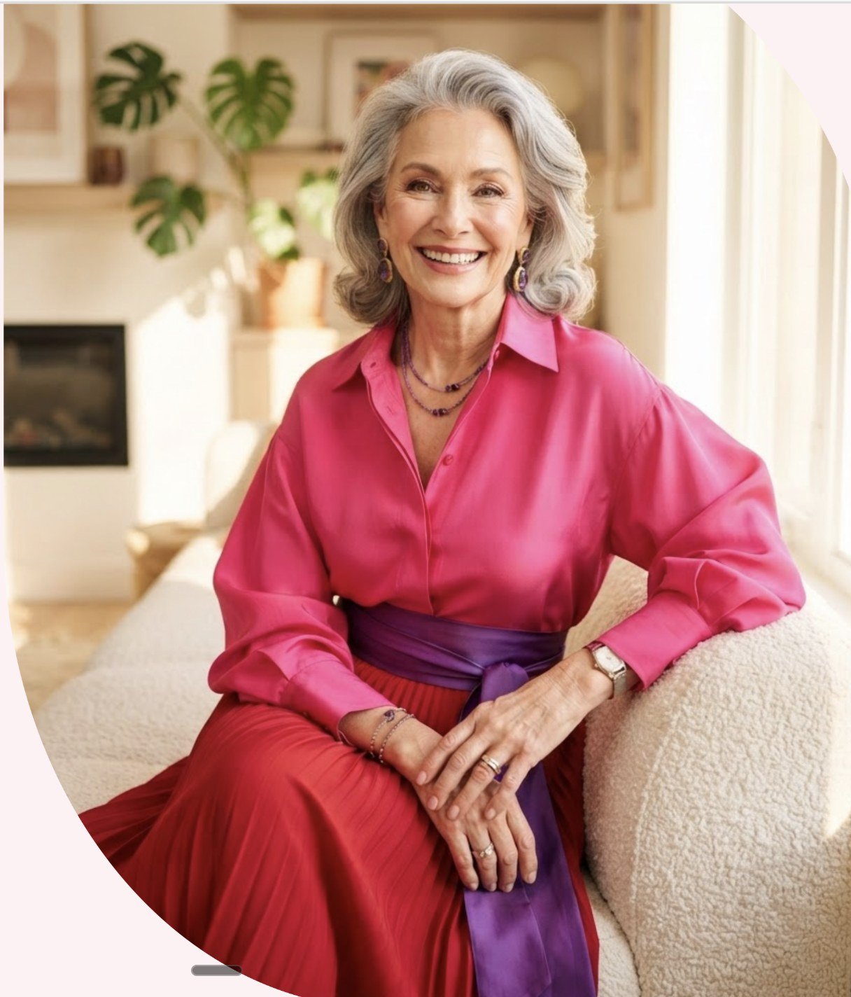 A woman seated in pink and red, calm and unhurried