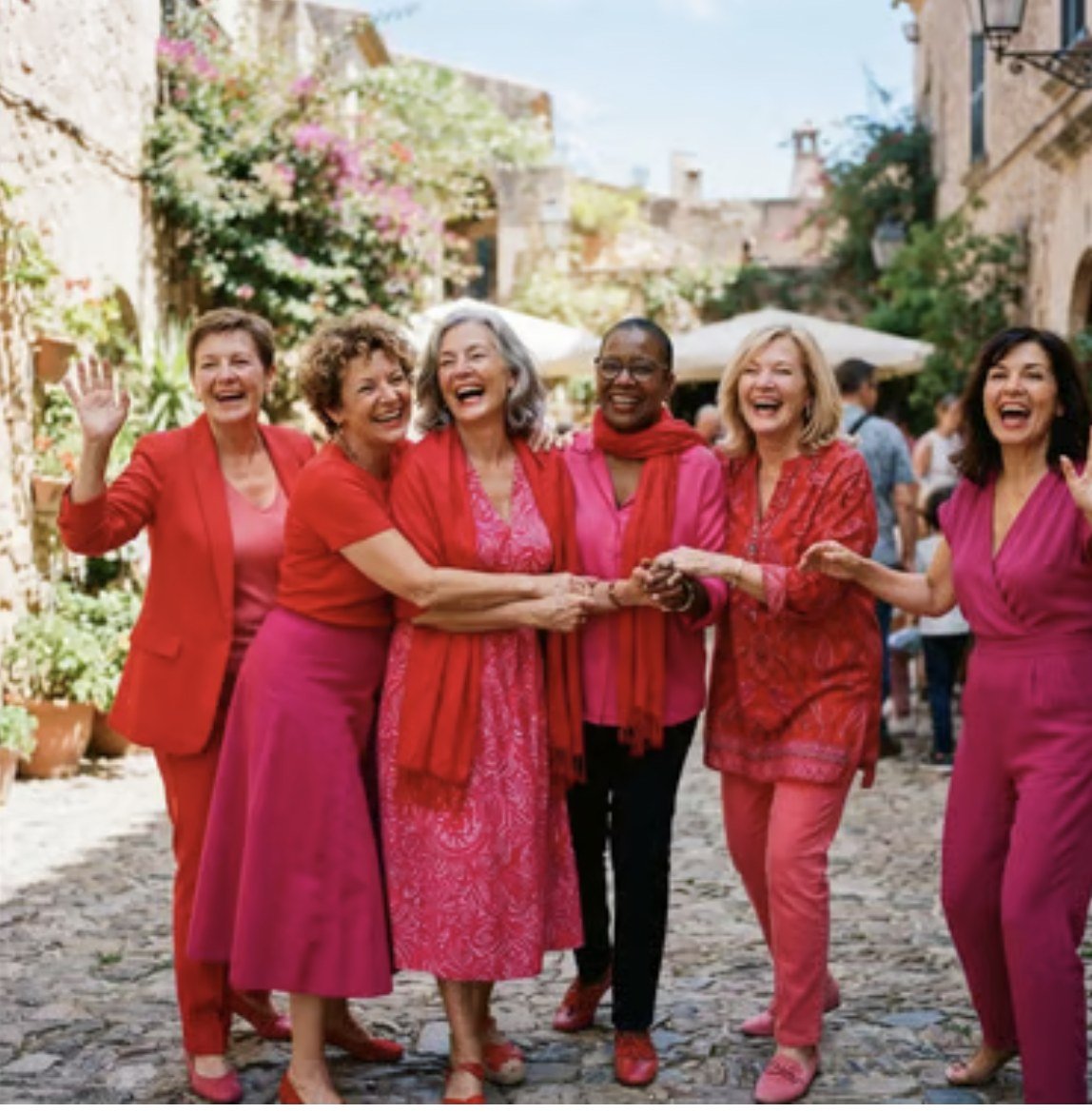 Six women on a cobbled street, waving, arms linked