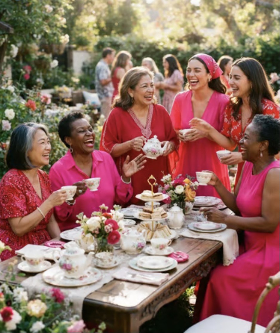 A tea table in a garden, women in pink and red with teacups and roses