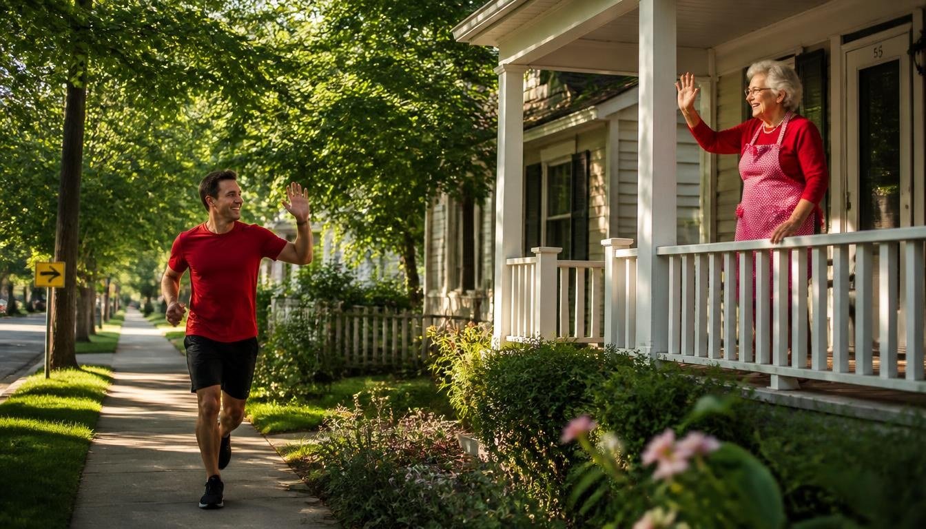 A woman waving from the veranda of her own house