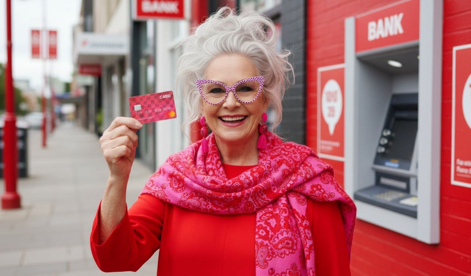 A woman in red at a bank machine, holding her own card